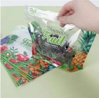도매 고품질 과일 및 야채 스탠드업 백 손잡이 및 공기 구멍 포함