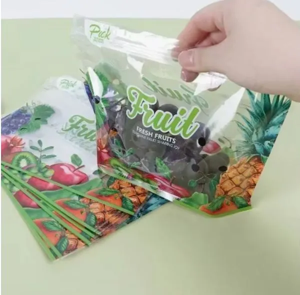 도매 고품질 과일 및 야채 스탠드업 백 손잡이 및 공기 구멍 포함